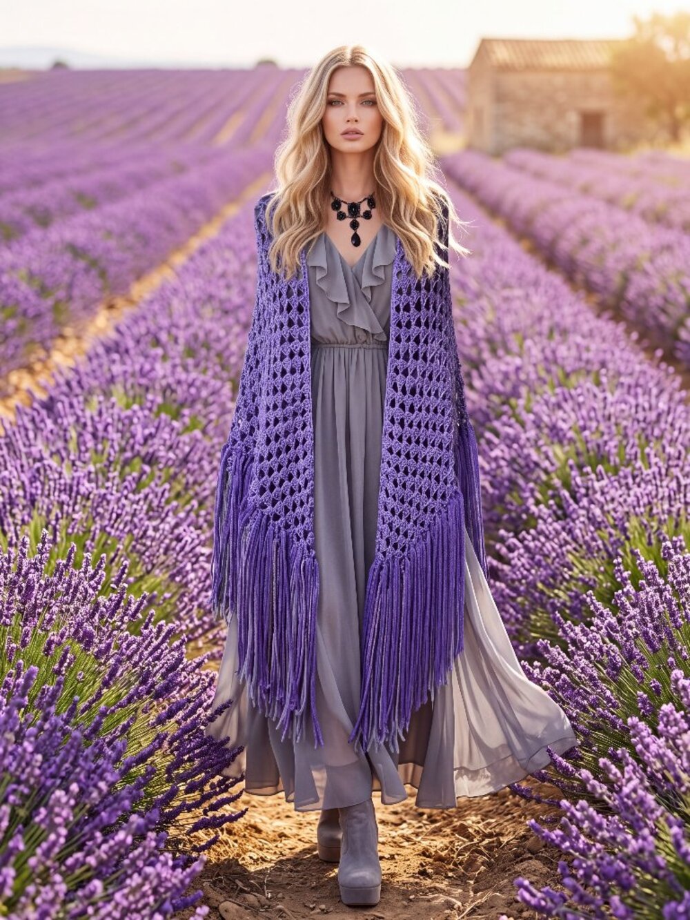 Boho Purple and Gray Thick Fringe Shawl Shrug
